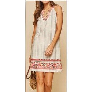 Savanna Jane Floral Embroidered Striped Mini Dress Size  Medium Tie Front Boho